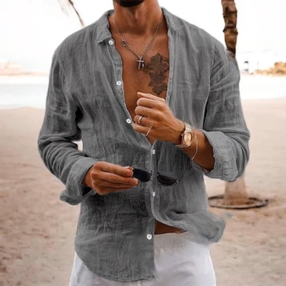 Men's Solid Linen Cotton Loose Shirt Breathable Button-Down Long Sleeve Top For Casual And Business Casual Looks