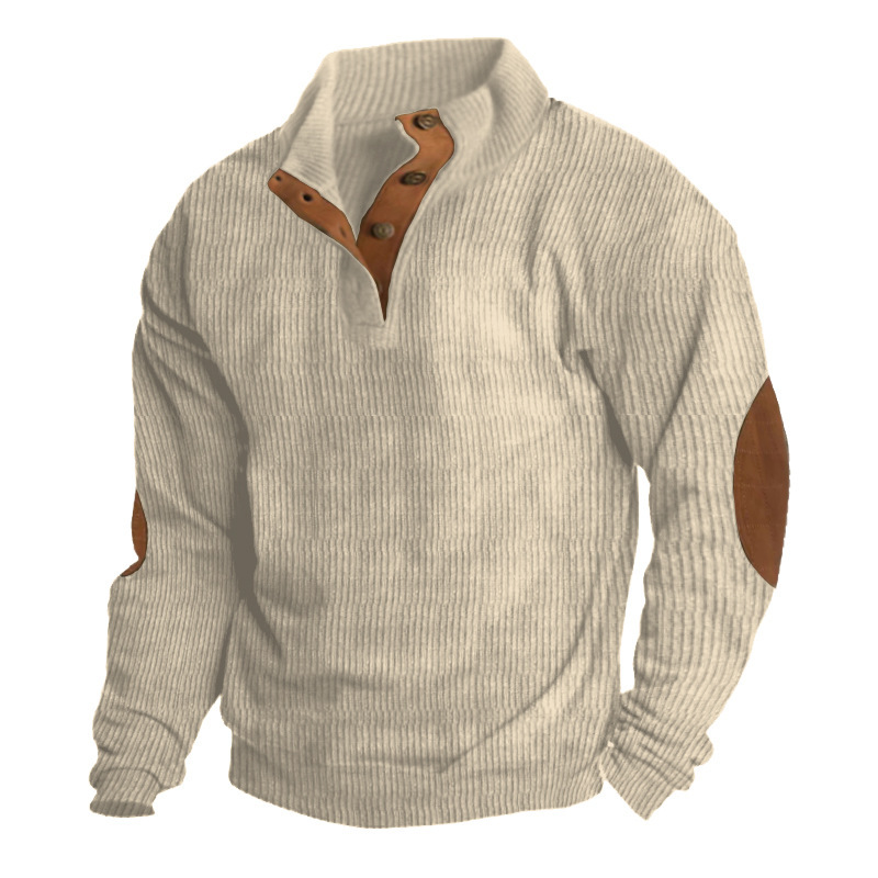 Men's Button Vintage Sweatshirt Casual Long Sleeve Stand Collar Loose Pullover Classic Solid Color Sweater