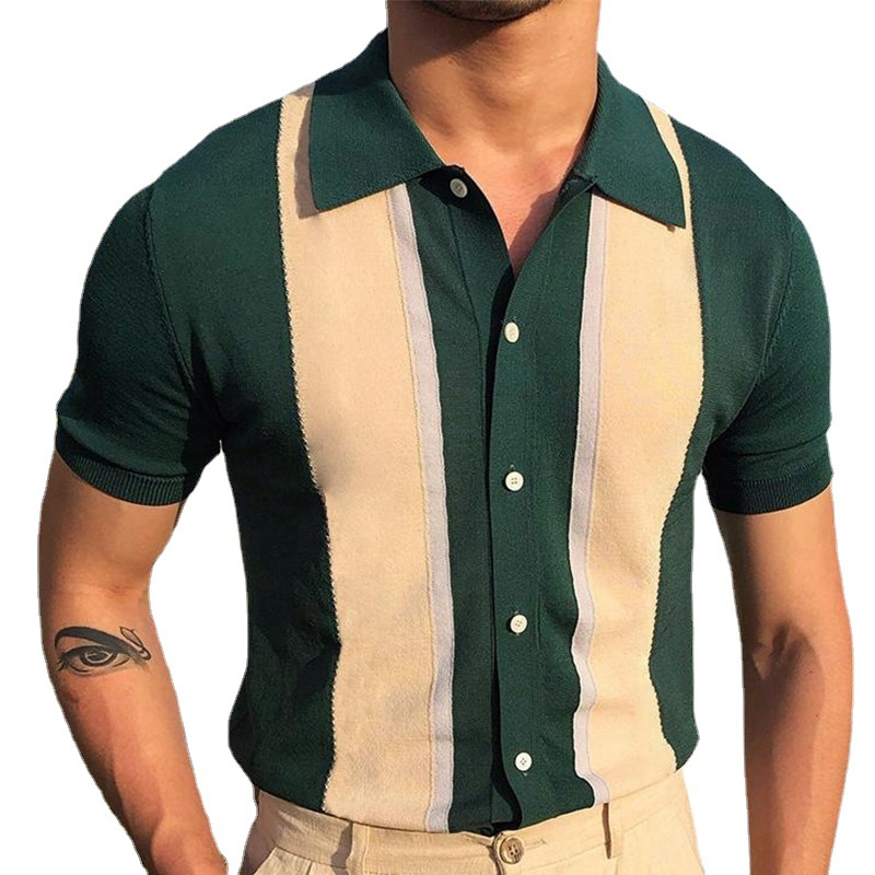 Men's Clothing Lapel Contrast Color T-shirt Single-breasted Cardigan Knitted Autumn and Winter Short Sleeves