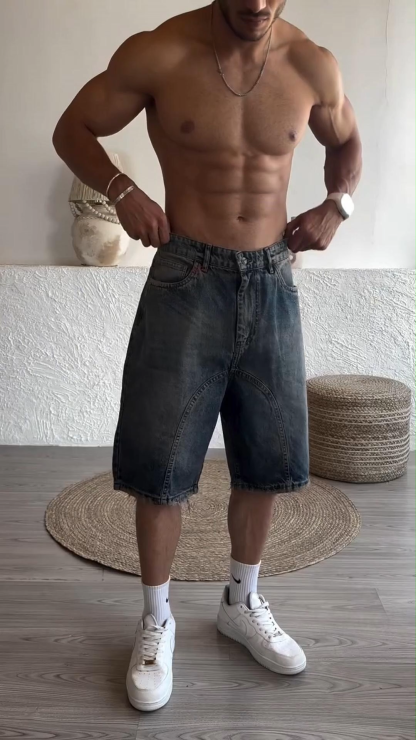 Retro Casual American Street Embroidery Loose Washed Denim Shorts