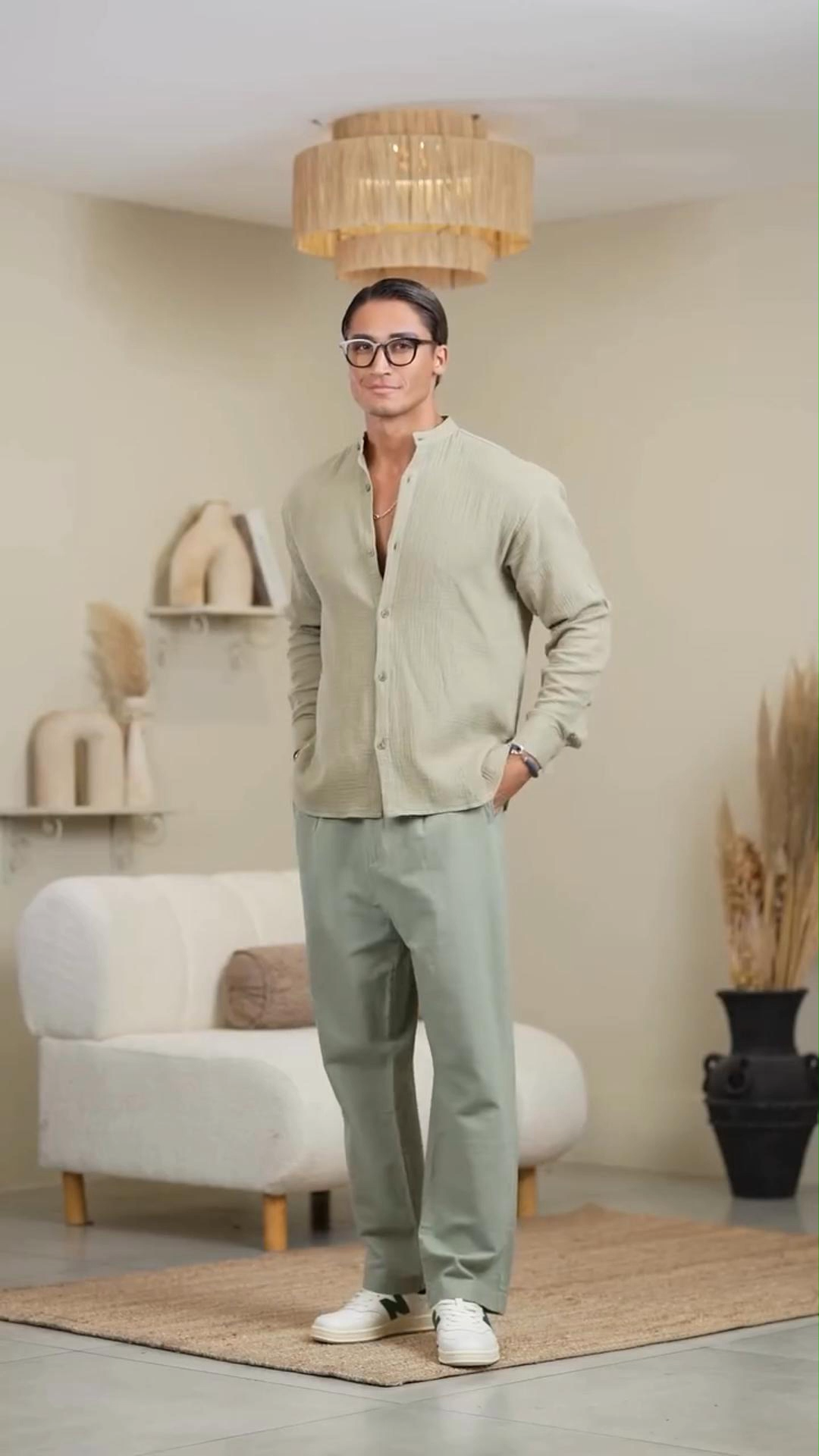 Summer Men's Loose Stand Collar Design Long Sleeve Shirt