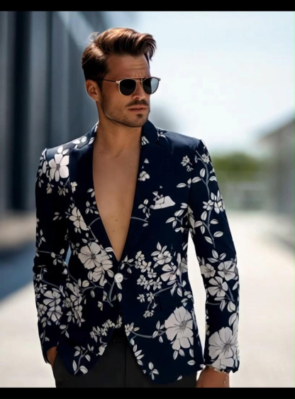 Elegant Men's Deep Blue Floral-Print Blazer