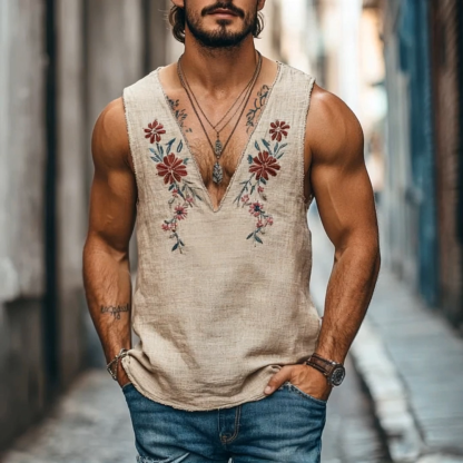 Men's Casual Linen V-Neck Floral Embroidered Raw Edge Loose Tank Top