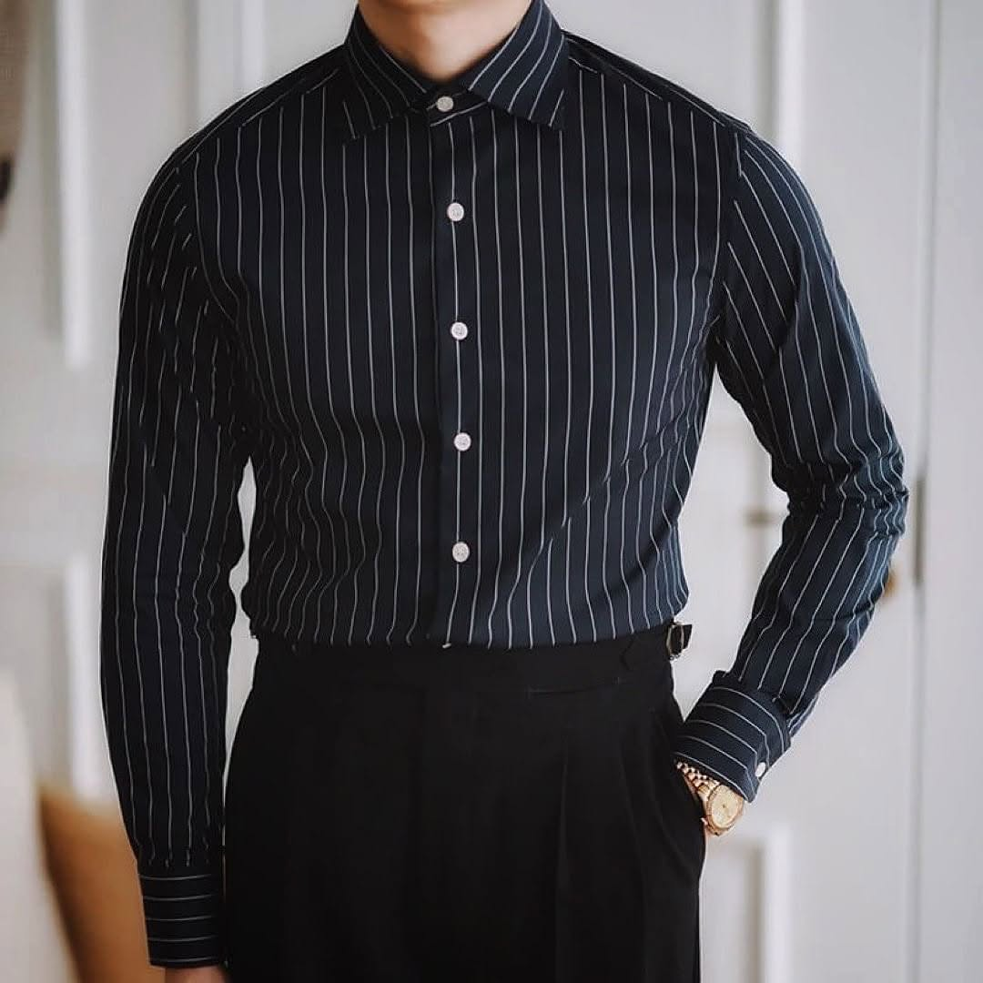 Men's Vertical Striped Long-Sleeved Shirt, Slim Fit, Versatile Style, 