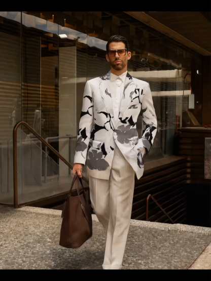 Elegant Ink-Brush Flower Print Men's Blazer