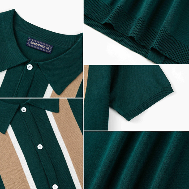 Men's Clothing Lapel Contrast Color T-shirt Single-breasted Cardigan Knitted Autumn and Winter Short Sleeves