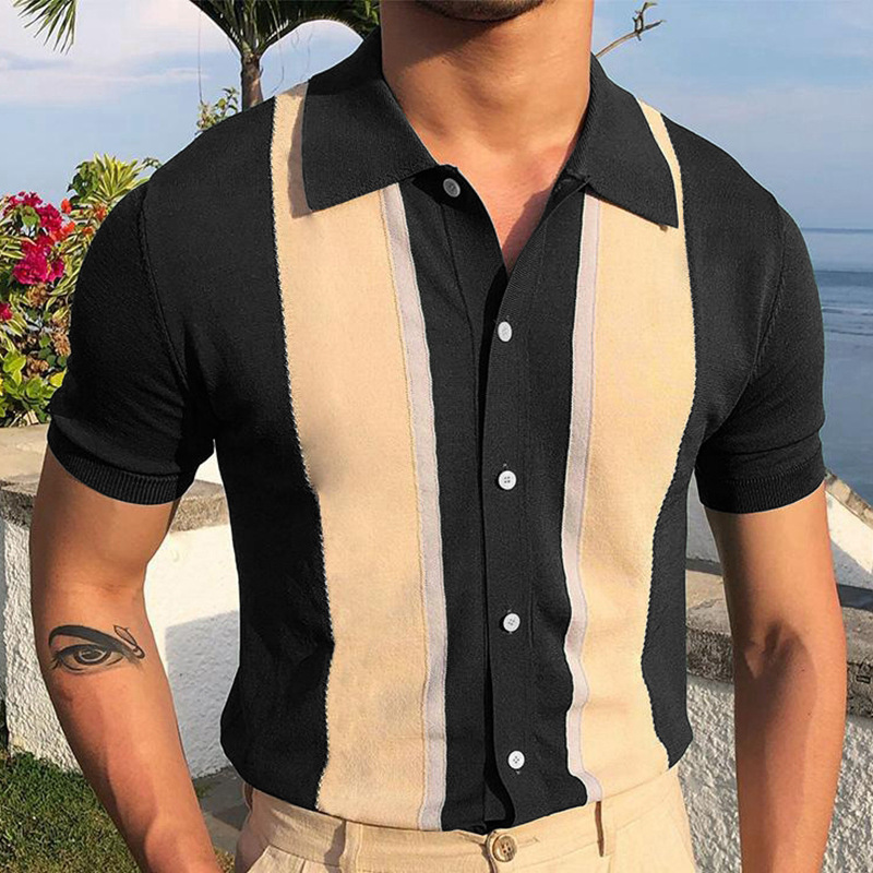 Men's Clothing Lapel Contrast Color T-shirt Single-breasted Cardigan K