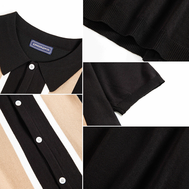 Men's Clothing Lapel Contrast Color T-shirt Single-breasted Cardigan Knitted Autumn and Winter Short Sleeves