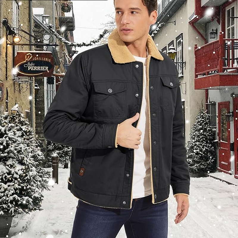 Men's Winter Jacket Thick Warm Cotton Thermal Fleece Lined Outerwear Trucker Lapel Work Jacket Men