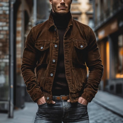 Men's Vintage Corduroy Lapel Single Breasted Multi-Pocket Work Jacket