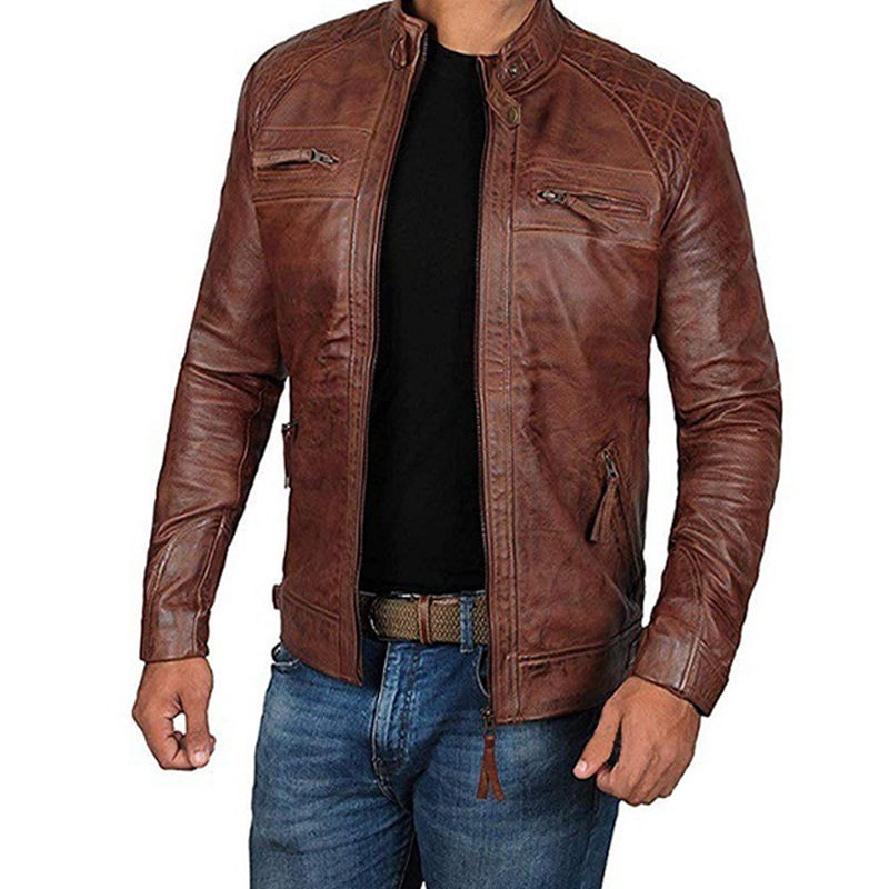 Sheepskin Biker Jacket - Quilted Cafe Racer Zip-Up Biker Jacket for Men