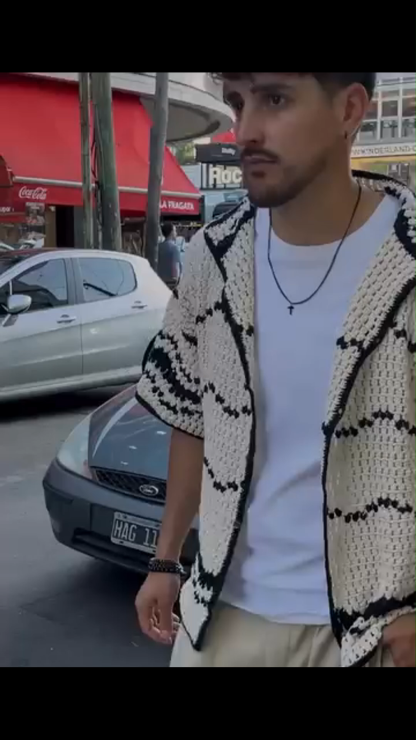 Men's Crochet Black & White Contrast Shirt, Bohemian Beach Shirt, Fashionable Y2K Hollow Top