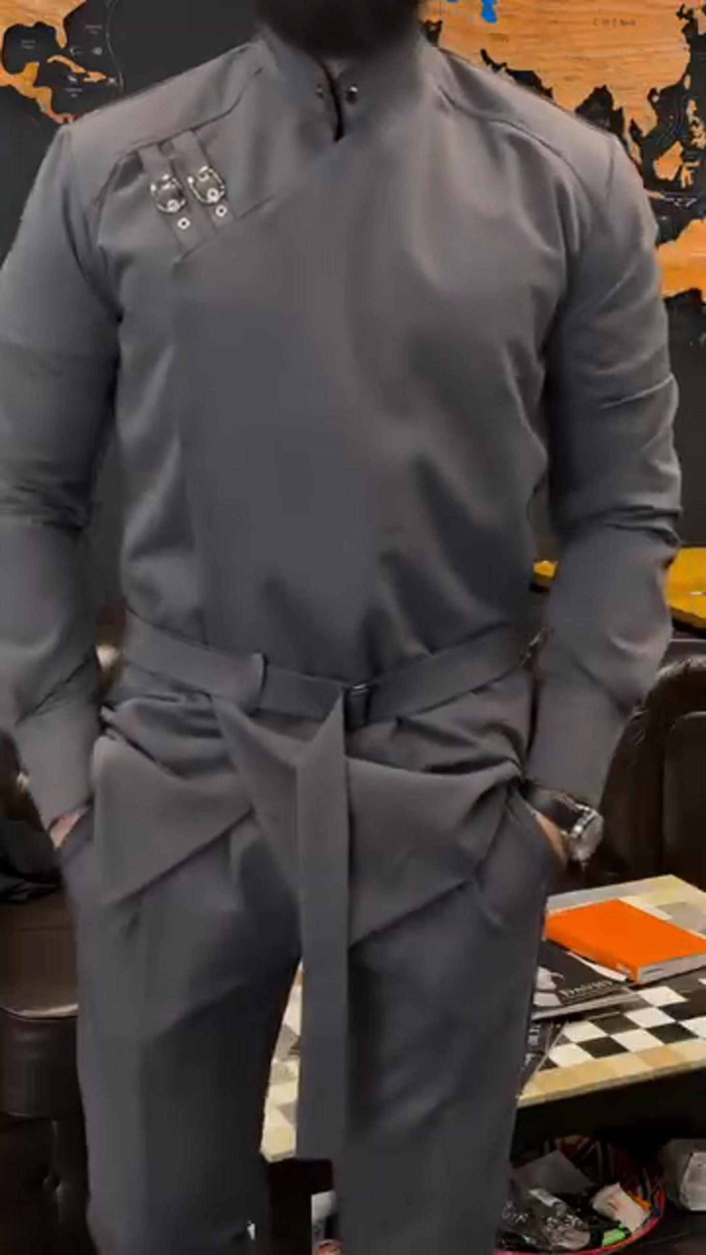 Zipperless Button Design Jacket, Loose Casual Belt Waist Men's Jacket