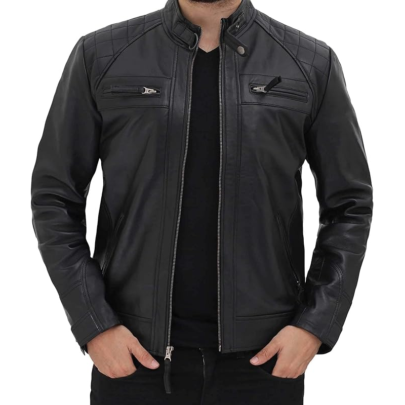Sheepskin Biker Jacket - Quilted Cafe Racer Zip-Up Biker Jacket for Men