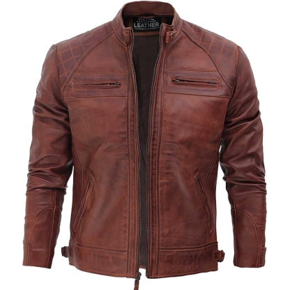 Sheepskin Biker Jacket - Quilted Cafe Racer Zip-Up Biker Jacket for Men