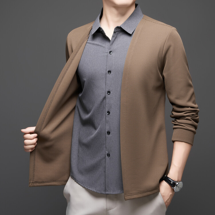 Men's Faux Two-Piece Cardigan – Lightweight Luxury Spring/Autumn Business Jacket with Folded Collar, New Arrival