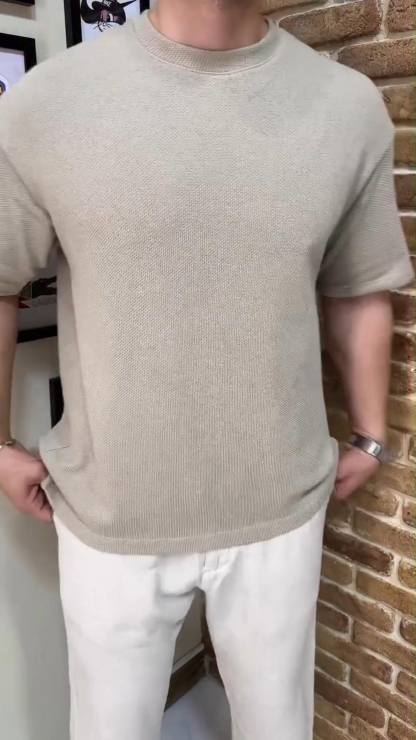 American Retro Round Neck Knitted Waffle T-Shirt Loose Breathable Straight Shoulder Heavy Short Sleeves