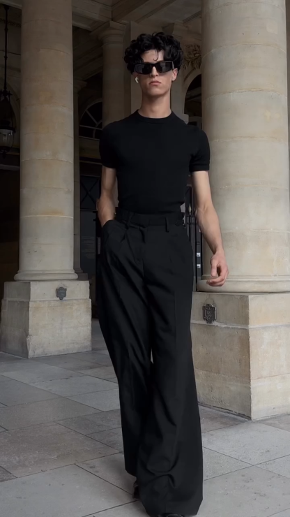 Men's Black Straight-Leg Loose Fit Trousers, High-Waisted Suit Pants, Casual Fashionable Style, Soft and Breathable Fabric with a Delicate Touch, Comfortable and Skin-Friendly