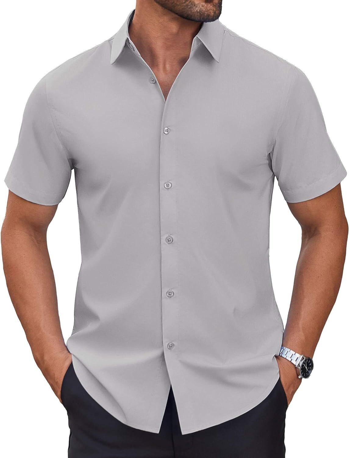 Mens Short Sleeve Dress Shirts Wrinkle Free Casual Button Down Shirts 