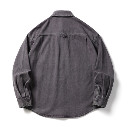 Men's Long-Sleeved Heavy Washed Distressed Lapel Casual Cotton Shirt Jacket