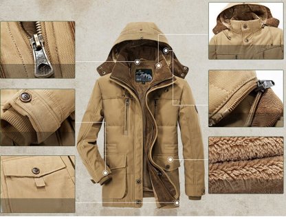 Men's Winter Jacket Parka Mid-Length Plus Velvet Thick Warm Multi Pocket Jackets Solid Parka Male Coat