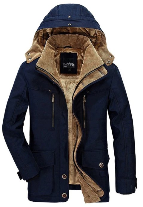 Men's Winter Jacket Parka Mid-Length Plus Velvet Thick Warm Multi Pocket Jackets Solid Parka Male Coat