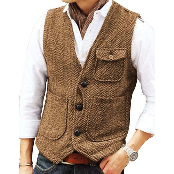 Men’s V-neck Single-breasted Tweed Vest