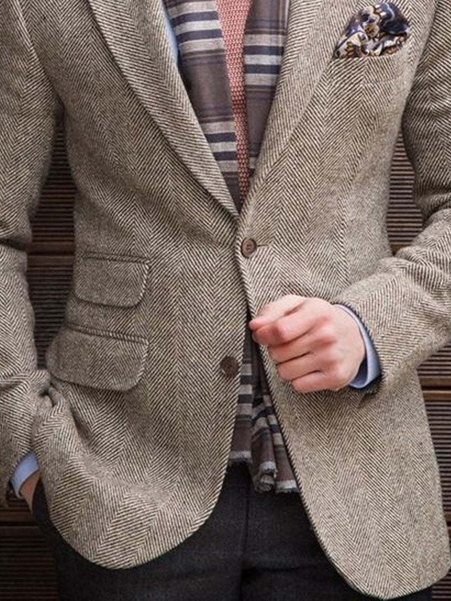 Lapel Multi-Pocket Single-Breasted Vintage Herringbone Blazer