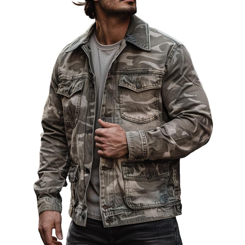 Men’s Casual Outdoor Washed Camouflage Multi-pocket Cargo Jacket 