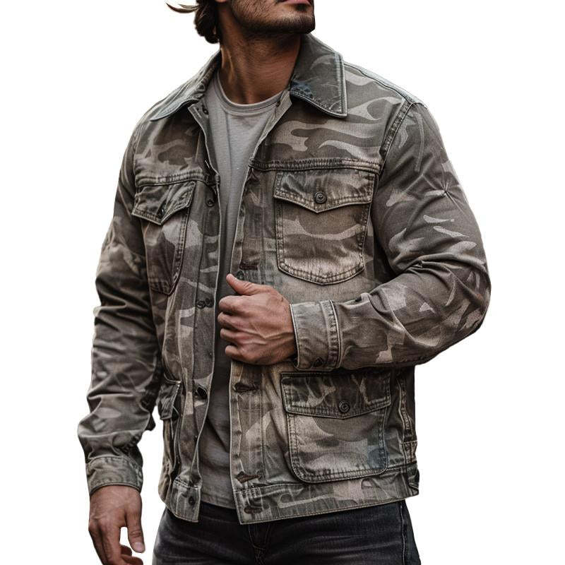 Men’s Casual Outdoor Washed Camouflage Multi-pocket Cargo Jacket 