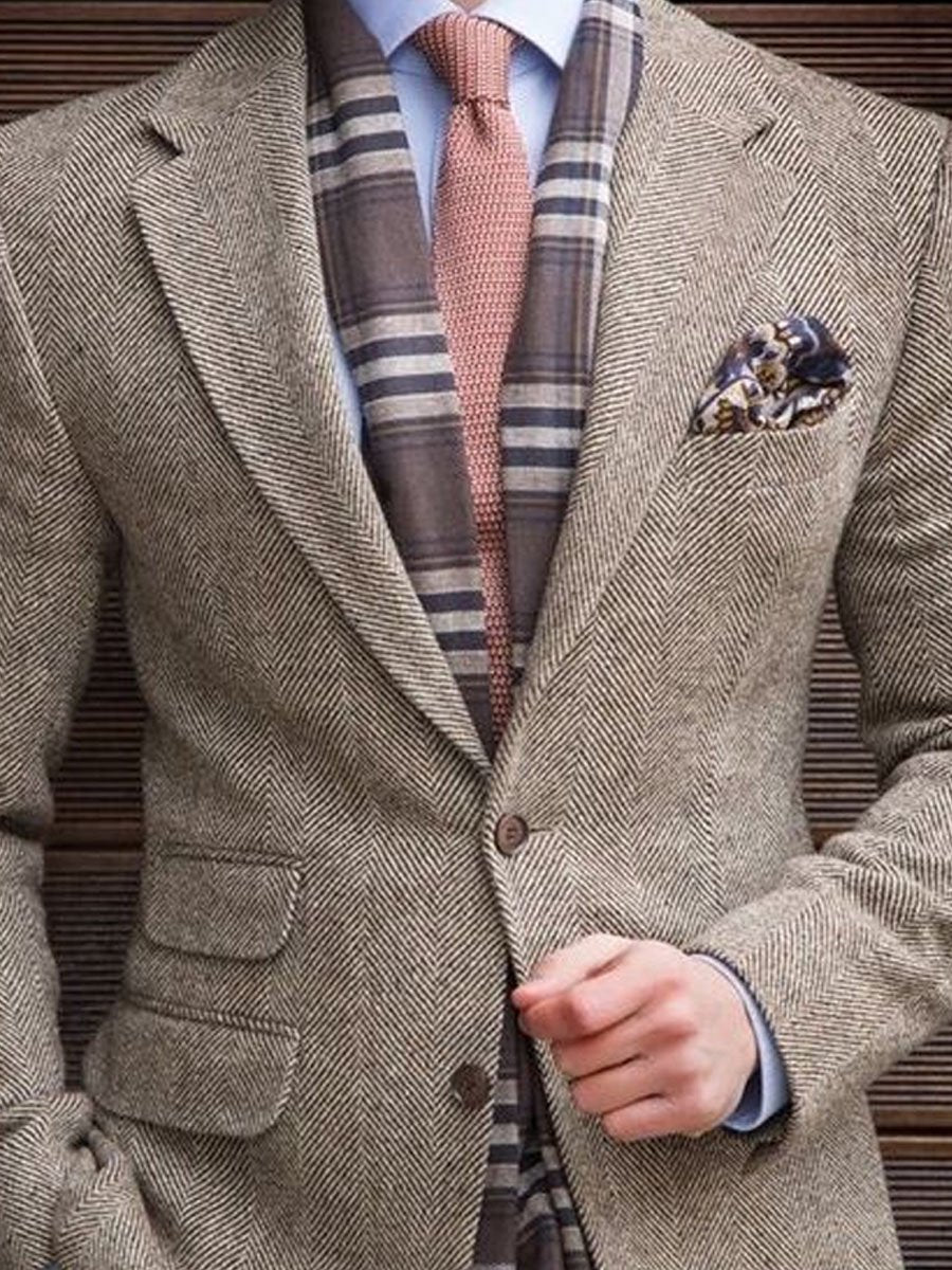Lapel Multi-Pocket Single-Breasted Vintage Herringbone Blazer