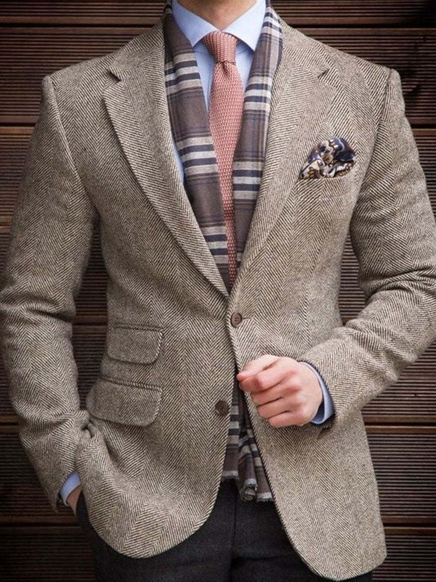 Lapel Multi-Pocket Single-Breasted Vintage Herringbone Blazer