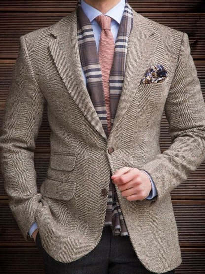 Lapel Multi-Pocket Single-Breasted Vintage Herringbone Blazer