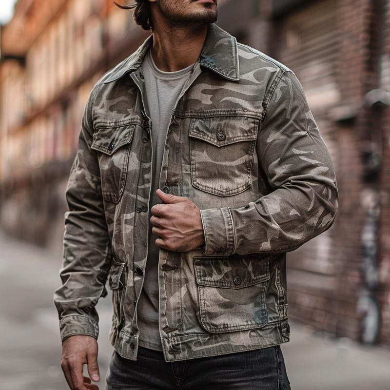 Men’s Casual Outdoor Washed Camouflage Multi-pocket Cargo Jacket 