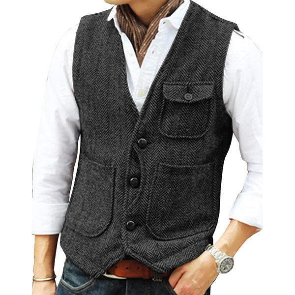 Men’s V-neck Single-breasted Tweed Vest