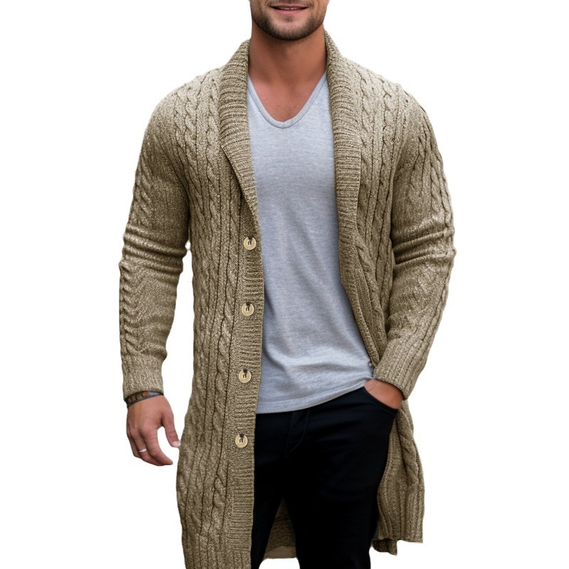 Men's Long Cable Cardigan Solid Color Long Sleeve Button Knit Sweater Coat Casual Daily Lapel Knitwear Lightweight Warm Outerwear Streetwear ﻿