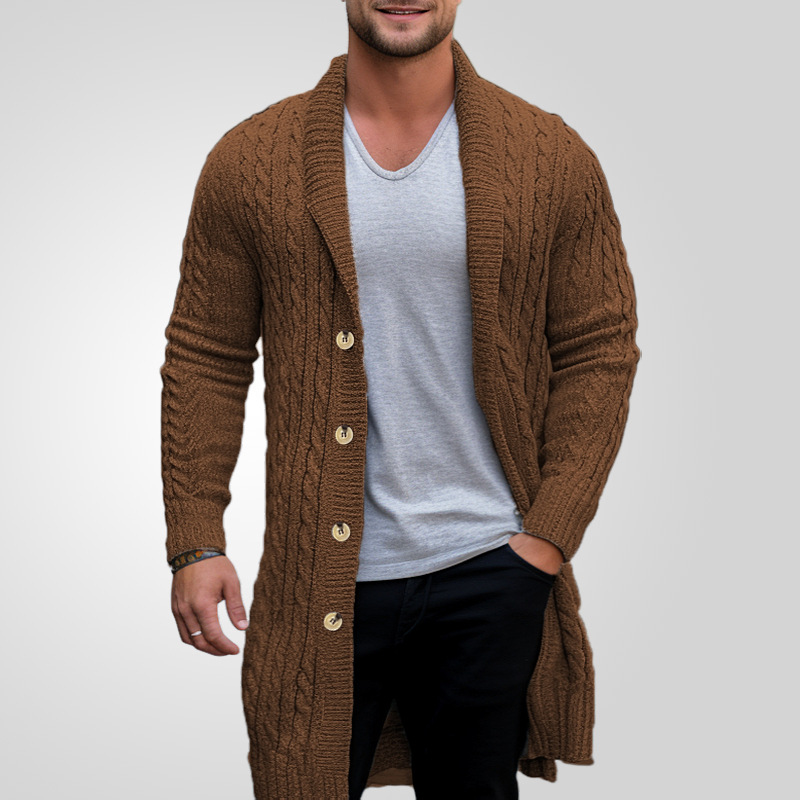 Men's Long Cable Cardigan Solid Color Long Sleeve Button Knit Sweater Coat Casual Daily Lapel Knitwear Lightweight Warm Outerwear Streetwear ﻿