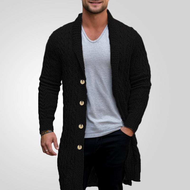 Men's Long Cable Cardigan Solid Color Long Sleeve Button Knit Sweater 