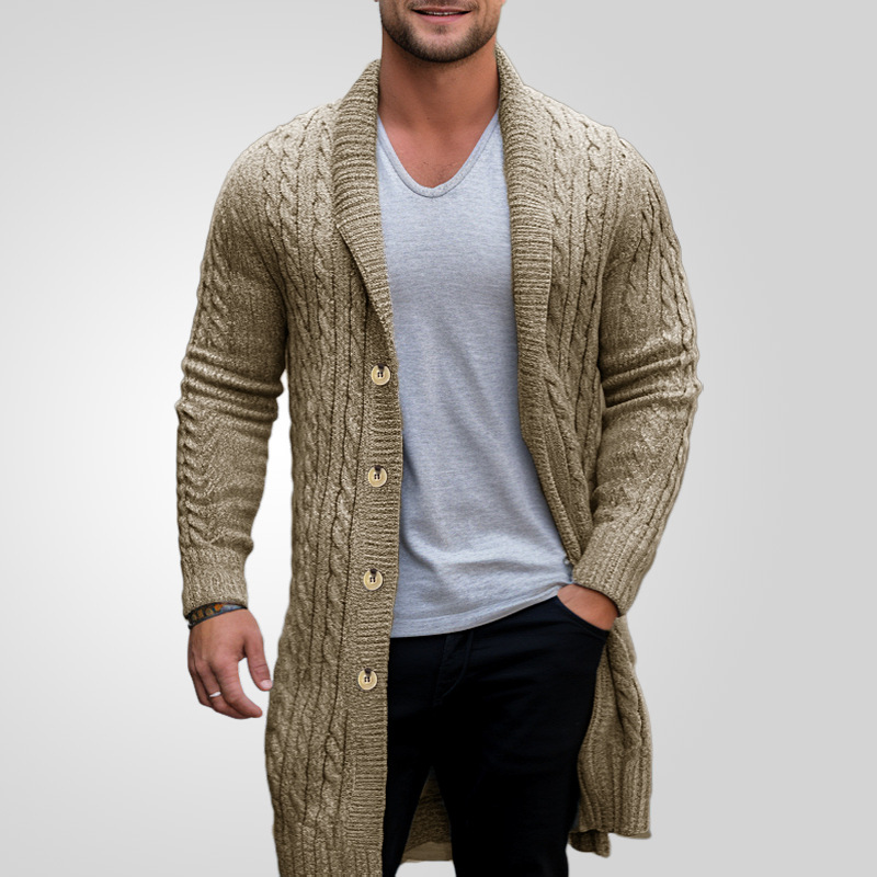 Men's Long Cable Cardigan Solid Color Long Sleeve Button Knit Sweater Coat Casual Daily Lapel Knitwear Lightweight Warm Outerwear Streetwear ﻿