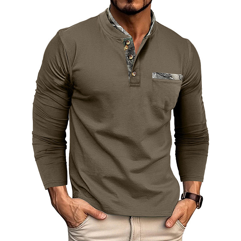 European and American men's long sleeve henley shirt men's double coll