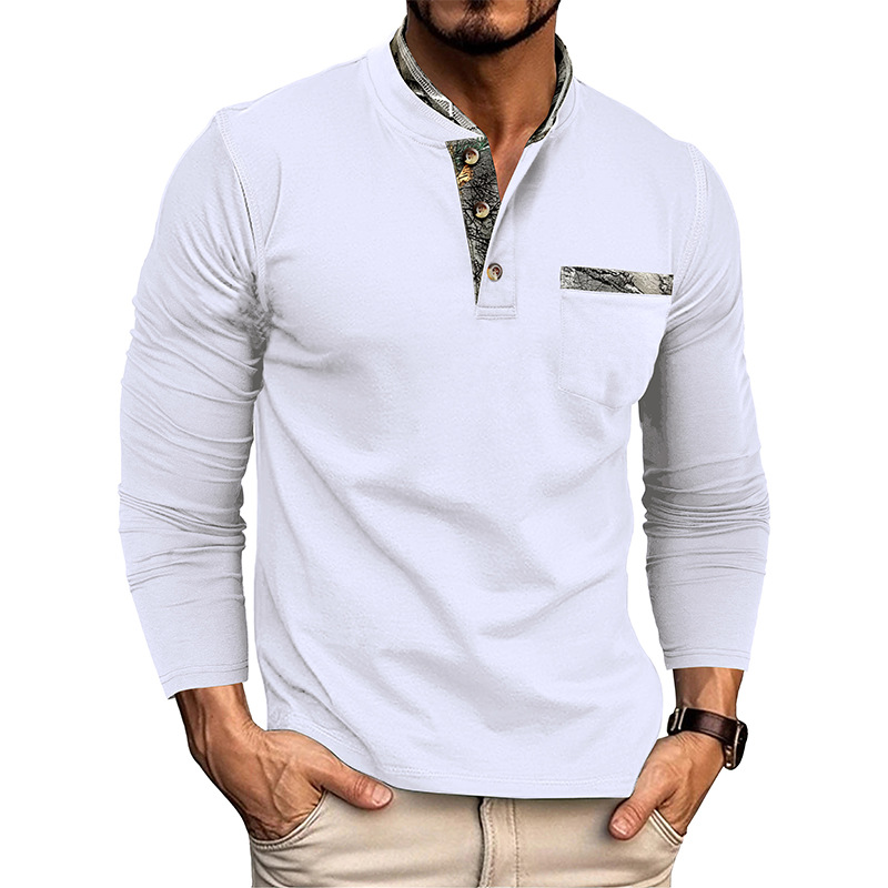 European and American men's long sleeve henley shirt men's double collar casual T-shirt tops