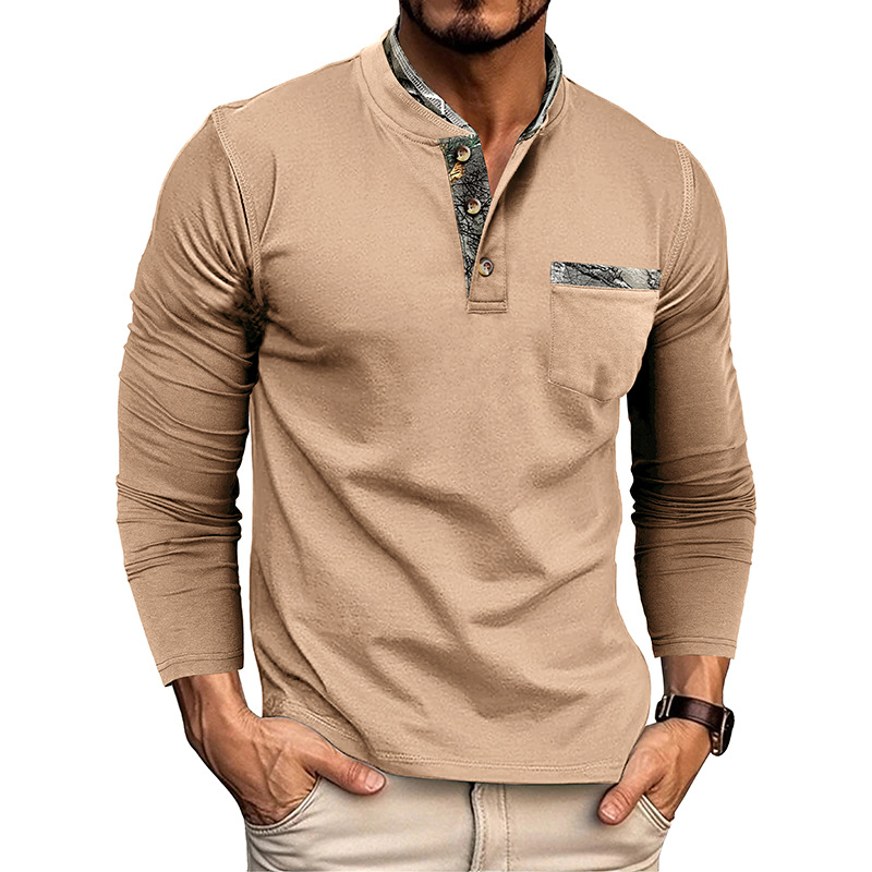European and American men's long sleeve henley shirt men's double collar casual T-shirt tops
