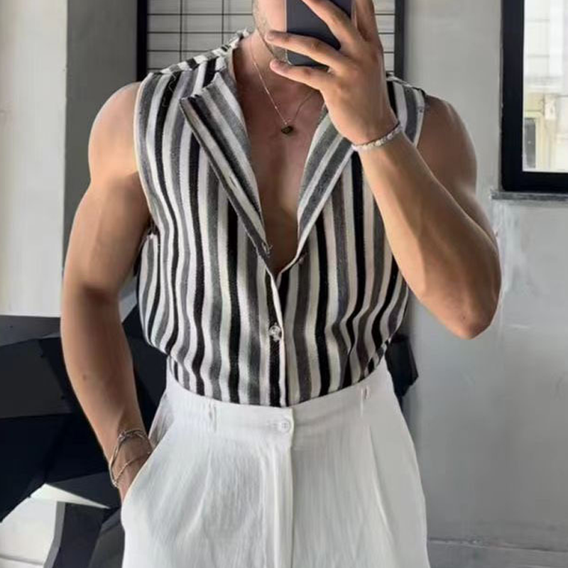 Men's Summer Black and Gray Striped Sleeveless Shirt