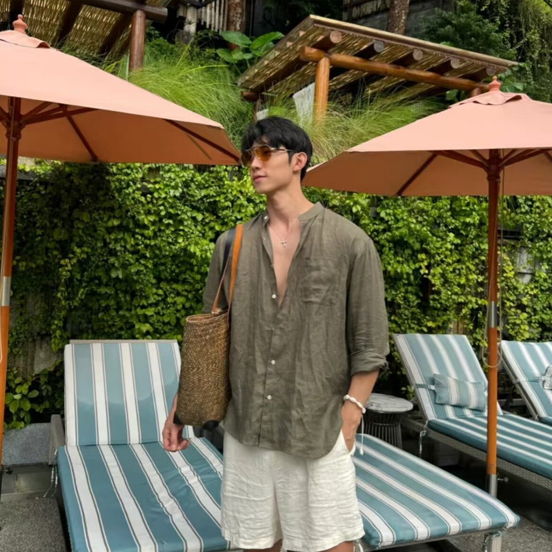 Stand Collar Men's Summer Lazy Relaxation Casual Vacation Sun Protection Cotton Linen Shirt