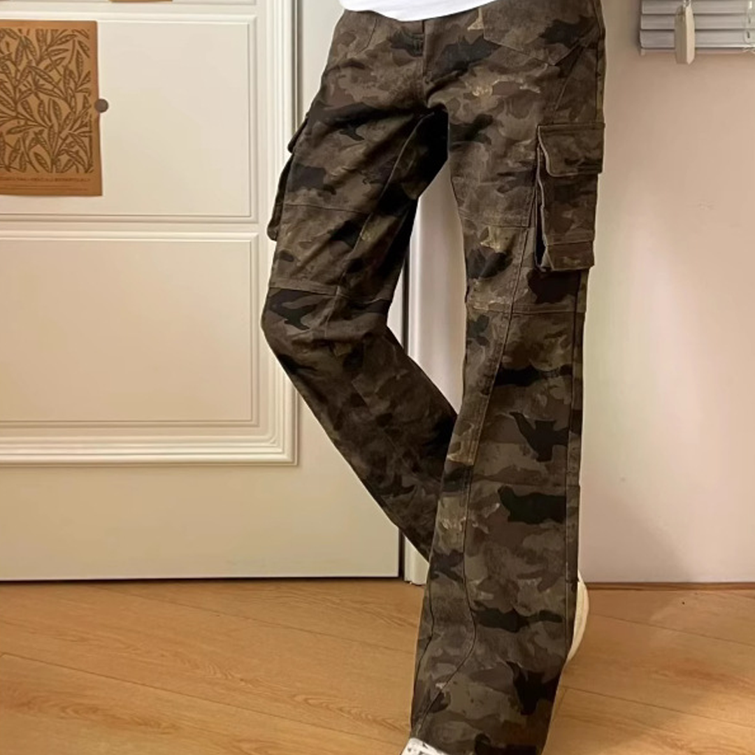Street Retro Camouflage Multi-Pocket Slim Workwear Straight Pants