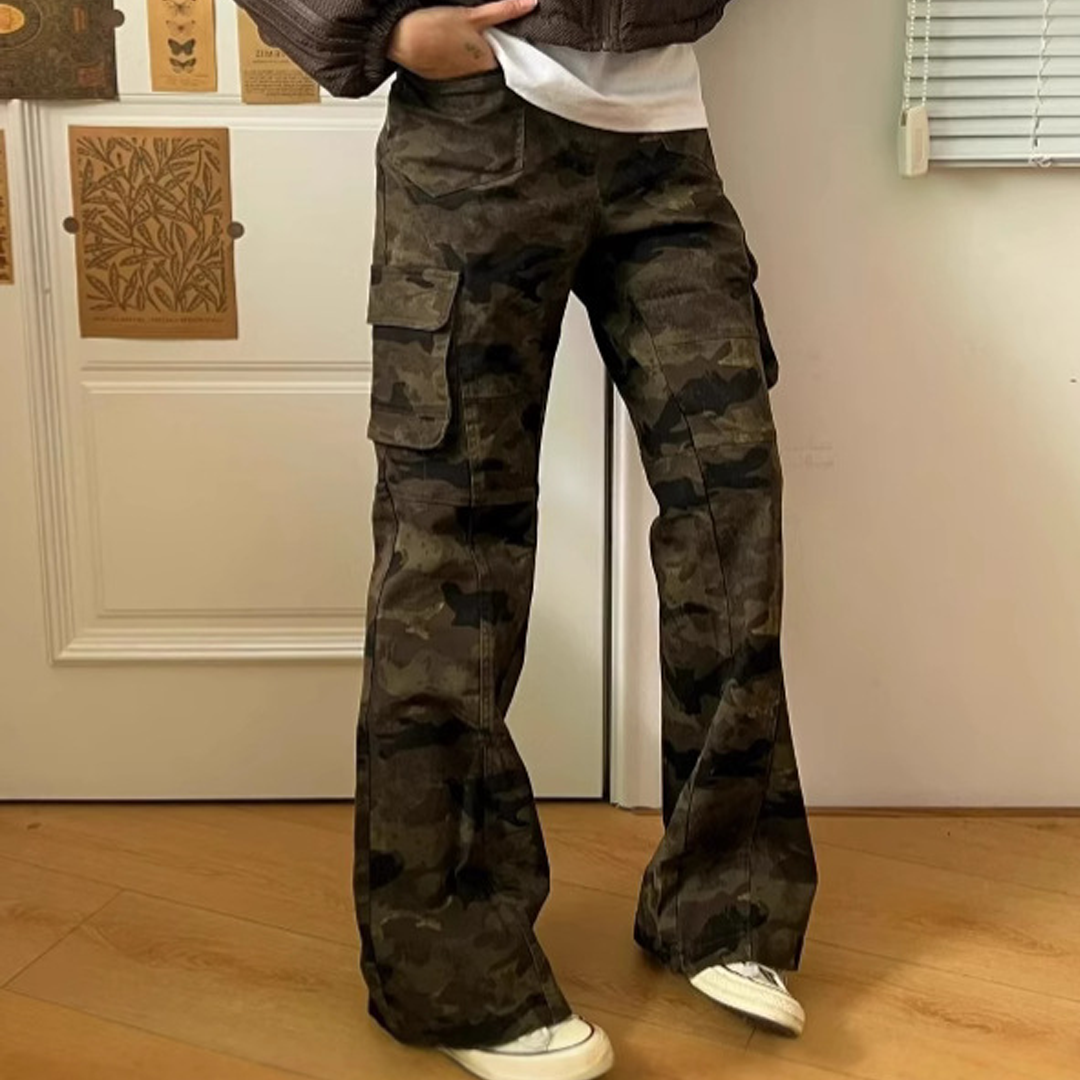 Street Retro Camouflage Multi-Pocket Slim Workwear Straight Pants