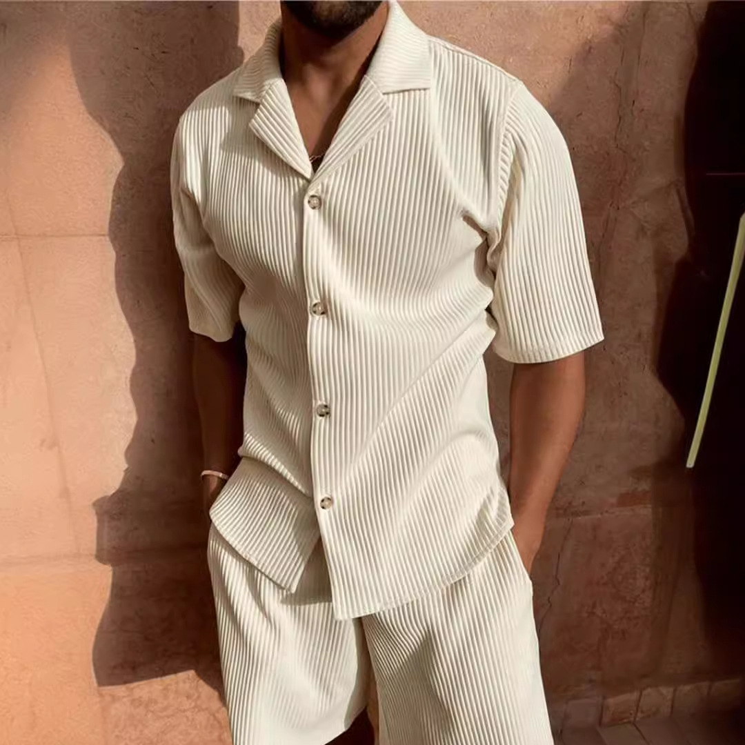Corduroy Casual Lapel Shorts Suit Sports Men's Solid Color T-Shirt Shorts Running Training Suit