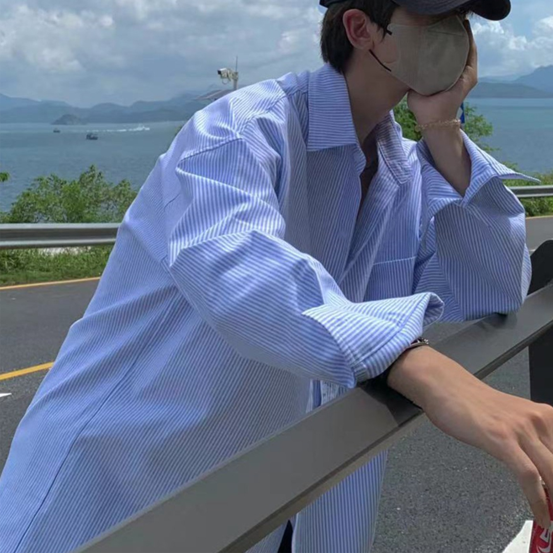 Men's Blue Vertical Striped Shirt Long Sleeves Spring And Autumn Casua