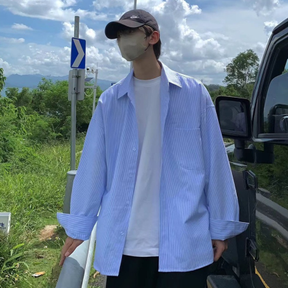 Men's Blue Vertical Striped Shirt Long Sleeves Spring And Autumn Casual Loose Drape