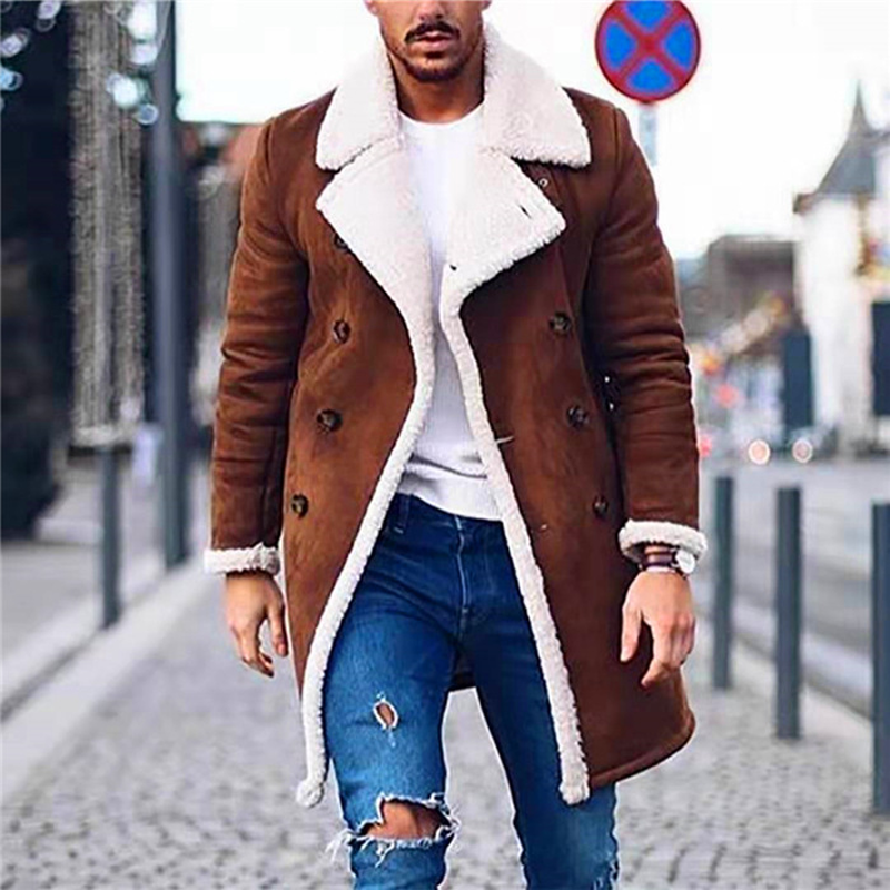 Men Fur Fleece Blends Brown Color Trench Coat Overcoat Lapel Warm Fluf
